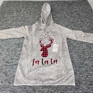 Suvimuga Christmas Hoodie Dress Women's S Buffalo Plaid Deer Fa La La Gray NWT